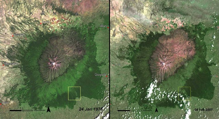 These images show the deforestation of Mount Kenya Forest in Kenya, 1976 (left) vs. 2007 (right).