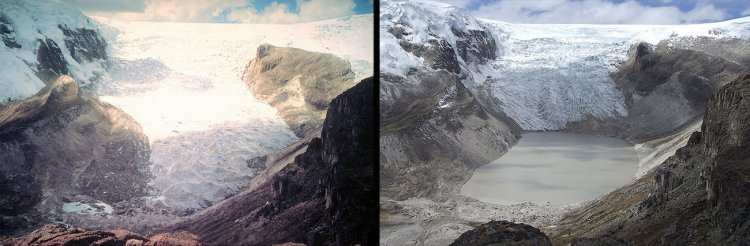 Climate change began to take a more extreme toll on glaciers in the 1970s as well. Here is a photo of Qori Kalis Glacier in Peru in 1978 (left) and again in 2011 (right).