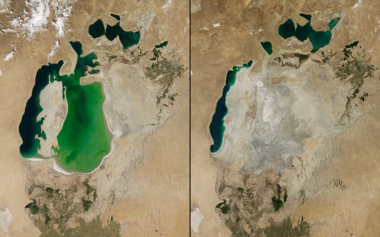 The Aral Sea in Central Asia shrunk drastically between 2000 (left) and 2014 (right).