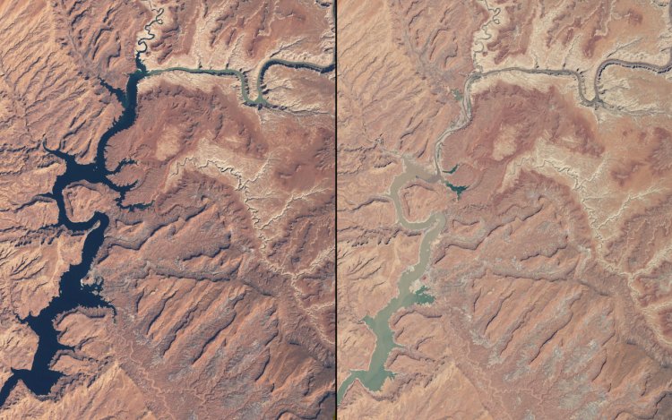 Rivers have been shrinking in Arizona and Utah as well — these images compare them in March 1999 (left) and May 2014 (right).