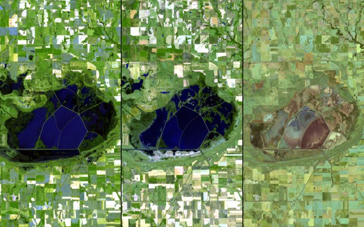 Droughts have affected the US intensely over the past few years as well. Here are three images of water drying up in Kansas, taken in 2010 (left), 2011 (middle), and 2012 (right).