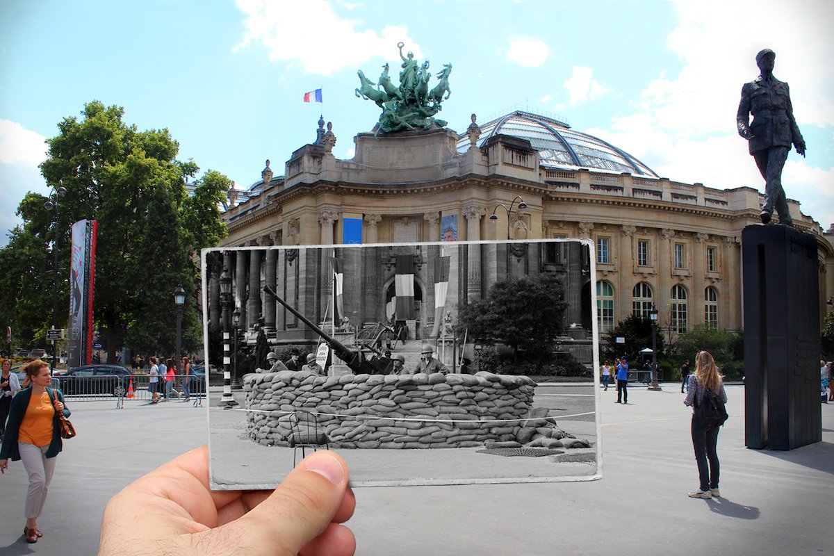 An anti-aircraft canon set up outside of the Grand Palais on the Avenue du Général-Eisenhower — August 1944