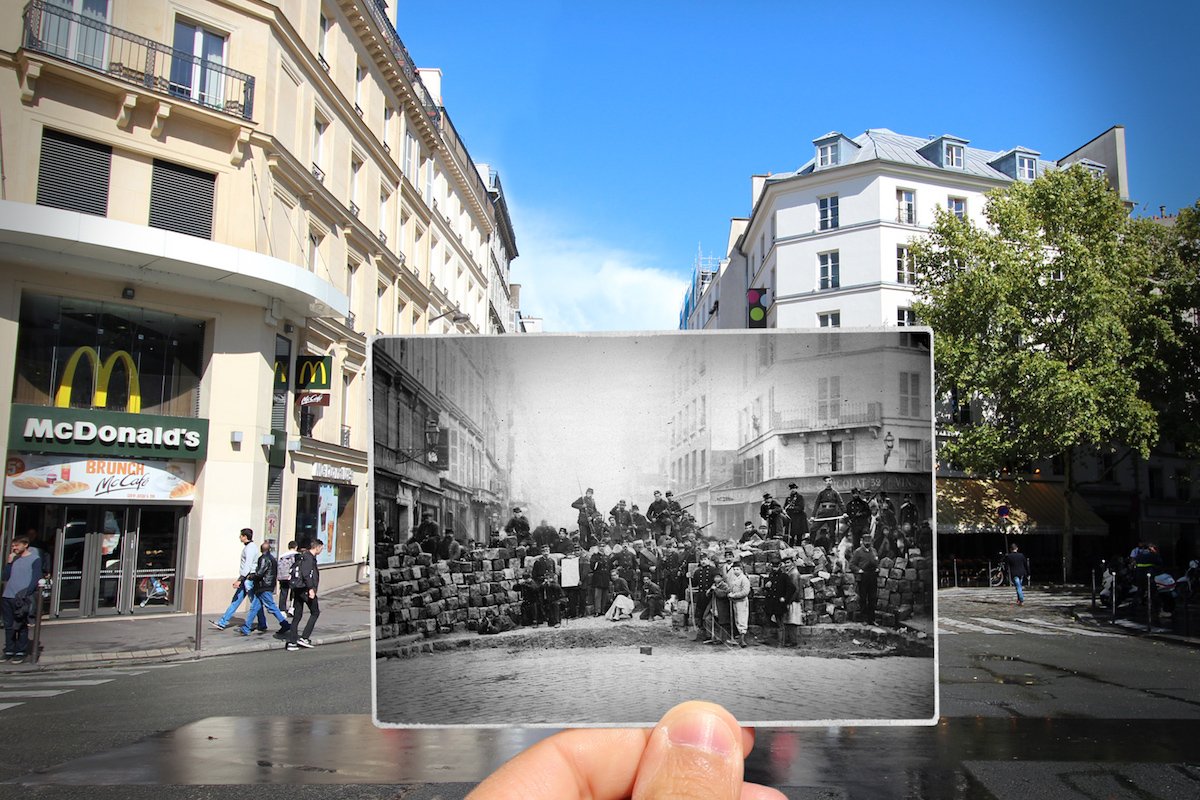 Barricade at the entrance of the Faubourg-du-Temple on Rue du Faubourg-du-Temple — 1871