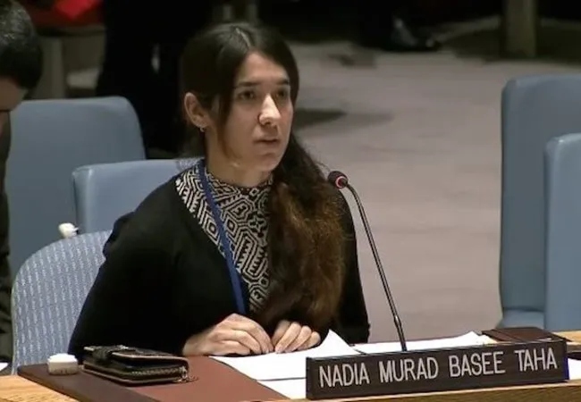 Nadia Murad Basee Taha tại một cuộc họp của Hội đồng Bảo an về nạn buôn bán người trong hoàn cảnh xung đột. (Ảnh: Liên Hợp Quốc)