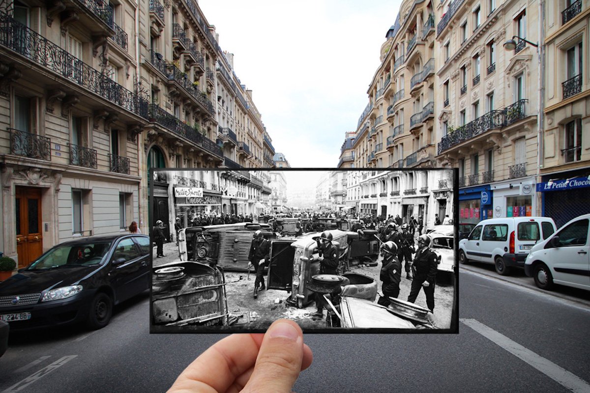 Student protests saw cars overturned and set on fire in the Latin Quarter — Rue Gay-Lussac, May 1968