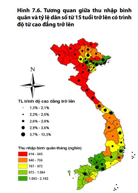 Chấm đen càng nhỏ, tỷ lệ người có học vấn cao càng thấp; các tỉnh có tỷ lệ hộ nghèo càng cao, màu sắc càng đậm. (Nguồn: Tổng cục Thống kê, “Giáo dục ở Việt Nam: Phân tích các chỉ số chủ yếu”)