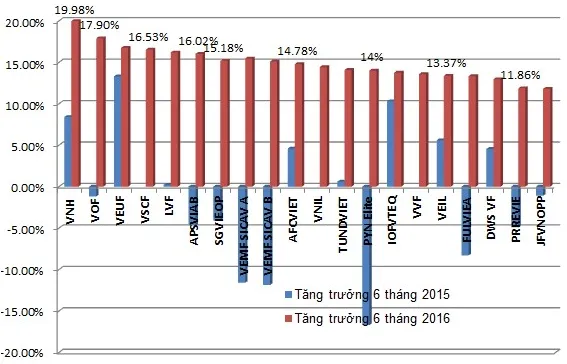 Top 20 quỹ nước ngoài có mức tăng trưởng NAV tốt nhất thị trường. Nguồn DOBF