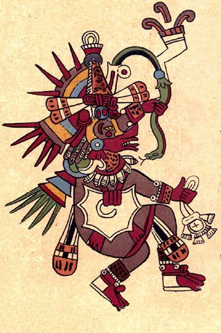 Quetzalcoatl, vị thần đã phân chia ranh giới của đất và trời. Hình vẽ mô tả Quetzalcoatl trong quyển Codex Borbonicus, thế kỉ 16.