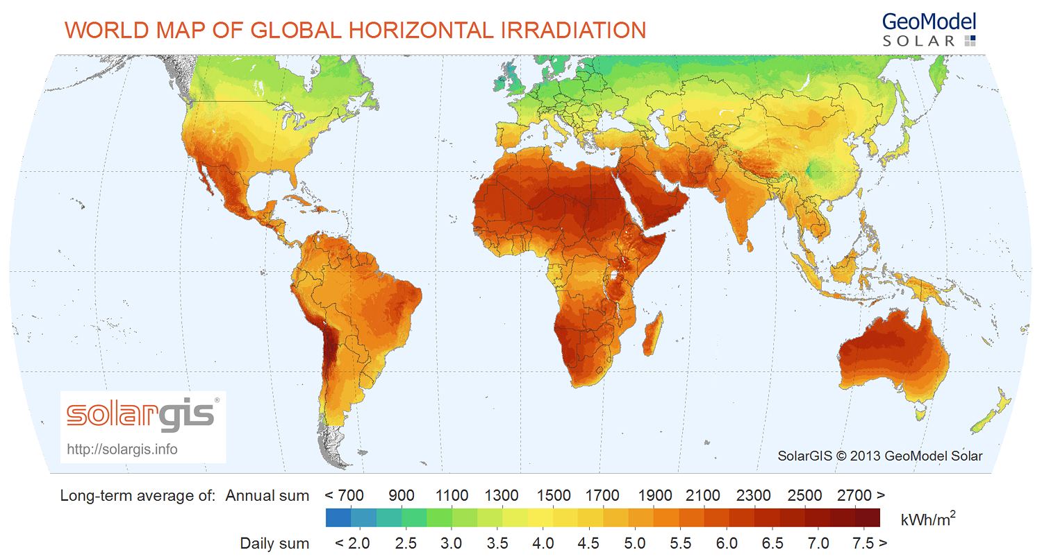 Bản đồ hiệu suất bức xạ năng lượng mặt trời trên thế giới (Ảnh: SolarGIS)