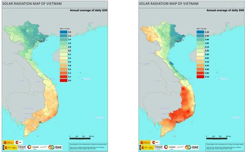 Bản đồ bức xạ năng lượng mặt trời ở Việt Nam (Ảnh: energypedia.info)