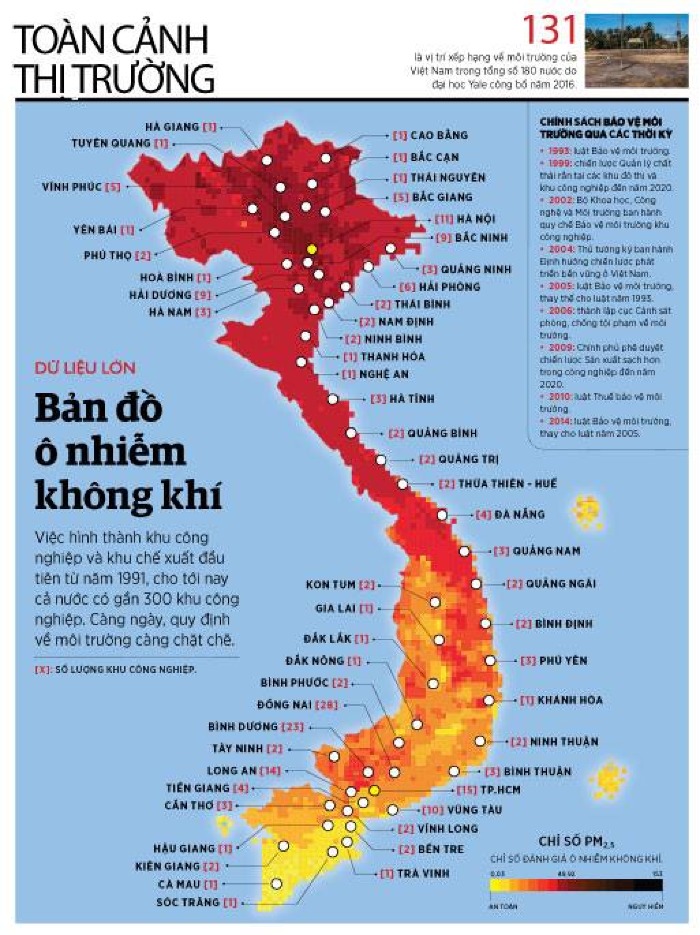 Bản đồ ô nhiễm không khí tại Việt Nam. (Nguồn: Đại học Yale/dẫn qua Tạp chí Forbes Việt Nam) 