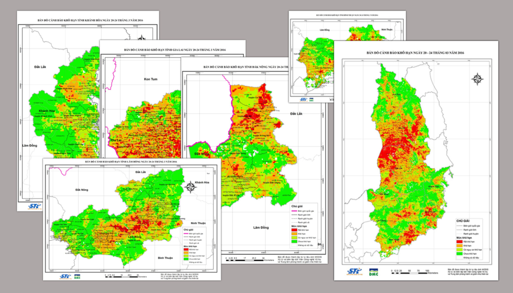 Bản đồ thiên tai hạn hán tại 05 tỉnh Tây Nguyên và các tỉnh Duyên hải Nam Trung bộ (Ninh Thuận, Bình Thuận và Khánh Hòa) năm 2016. (Nguồn: dmc.gov.vn)