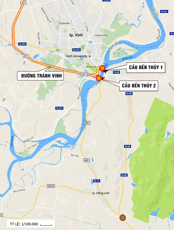 Vị trí hai trạm thu phí Bến Thuỷ 1 và 2 và tuyến tránh Vinh (Nghệ An). (Bản đồ: Google Map. Đồ họa: Hữu Quân/phapluatplus.vn)