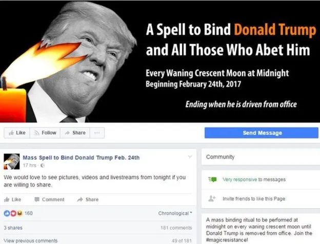 Facebook của hội phù thủy yểm bùa Tổng thống Trump