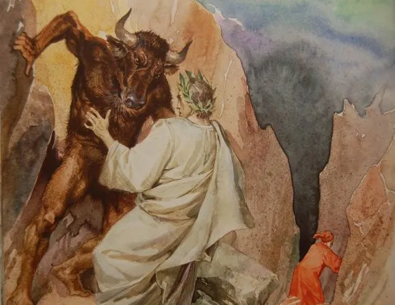 Virgil giúp Dante thoát khỏi con quái thú Minotaur. (Ảnh qua slide "La struttura dell’Inferno")