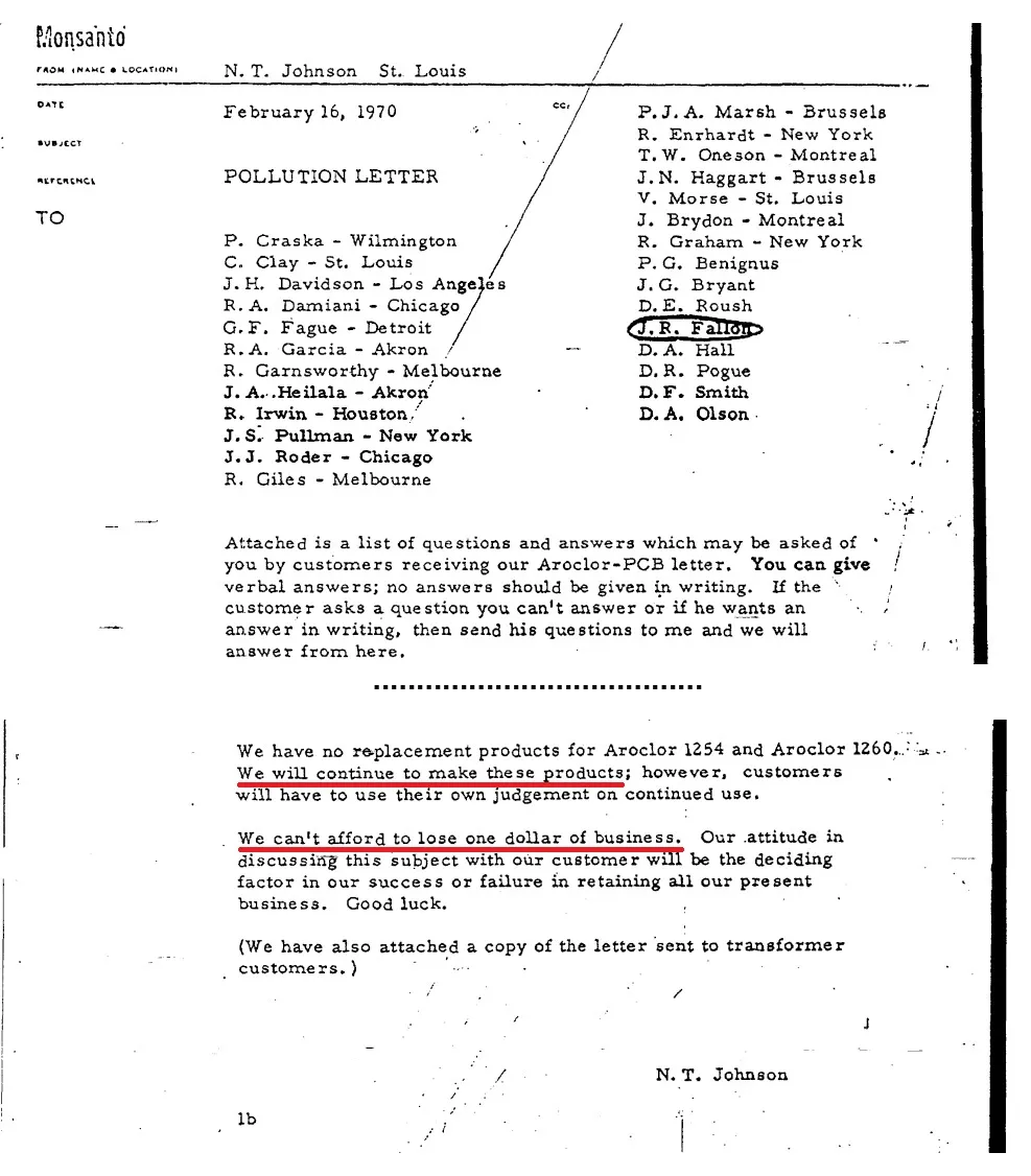 Năm 1970, Monsanto nói hãng sẽ tiếp tục bán sản phẩm PCB và “không thể mất một đồng đô la lợi nhuận” (nguồn: chemicalindustryarchives.org)