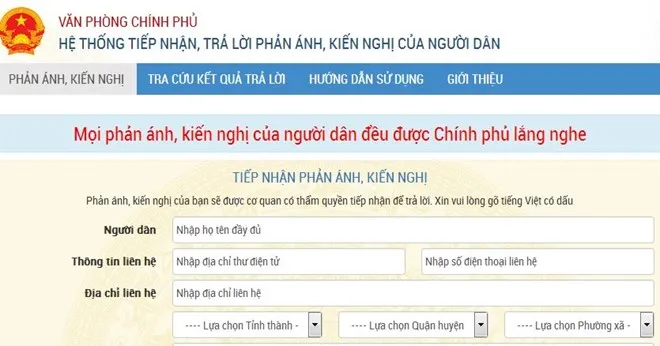 Tran web tiếp nhận, trả lời phản ánh người dân của Chính phủ nguoidan.chinhphu.vn sẽ hoạt động từ hôm nay, 4/4/2017. (Ảnh chụp màn hình)