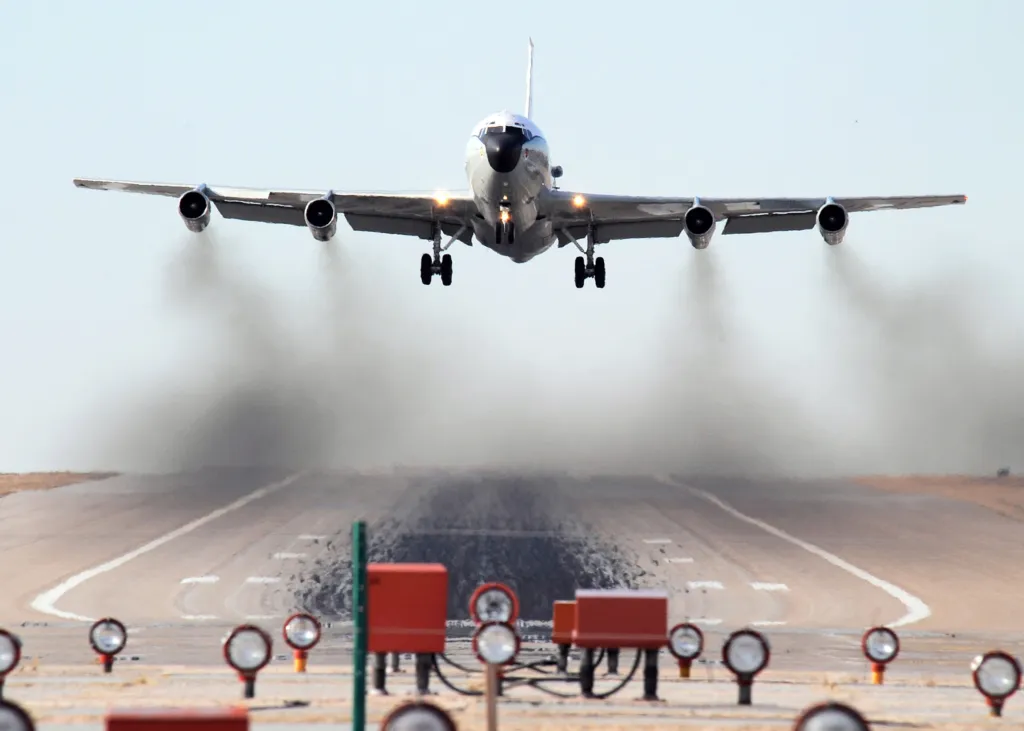 Throughout the afternoon, an WC-135W Constant Phoenix aircraft performs touch 'n go landing exercises Feb. 12 at Offutt Air Force Base, Neb. (U.S. Air Force photo/Josh Plueger)