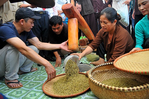 Giã thóc làm cốm (Ảnh qua vncgarden.com)