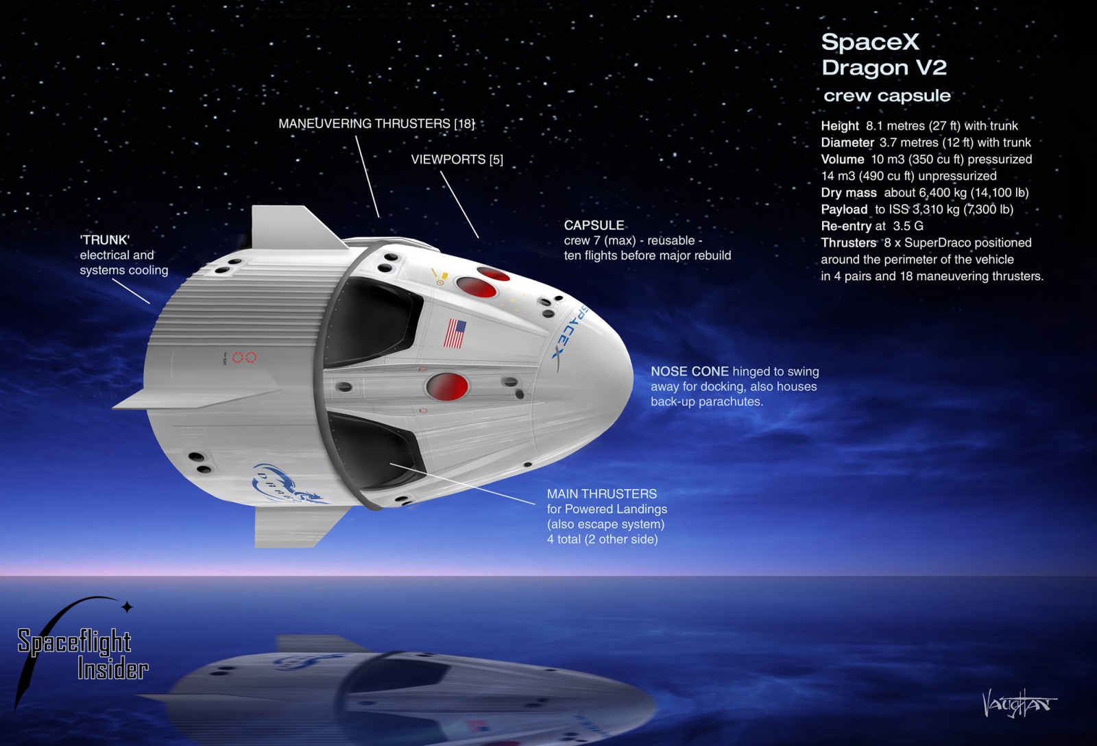 Tàu vũ trụ Dragon 2 có thể chở người (ảnh: SpaceX)