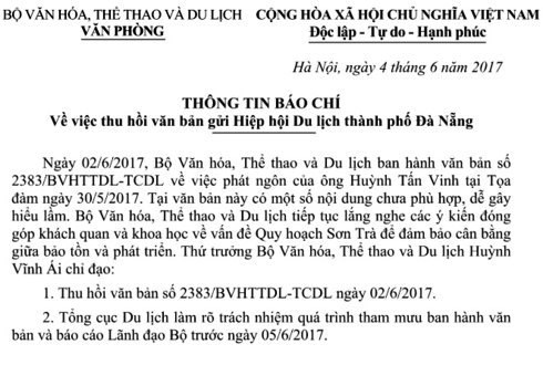 thu hoi van ban gui hiep hoi du lich tp da nang ong huynh tan vinh