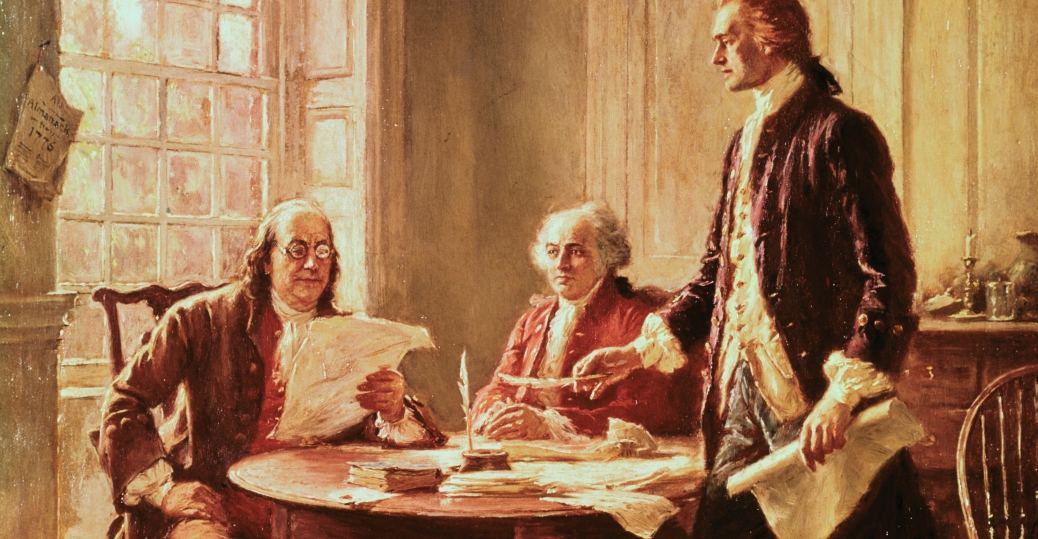 Tranh minh họa Benjamin Franklin, John Adams và Thomas Jefferson soạn thảo tuyên ngôn độc lập.