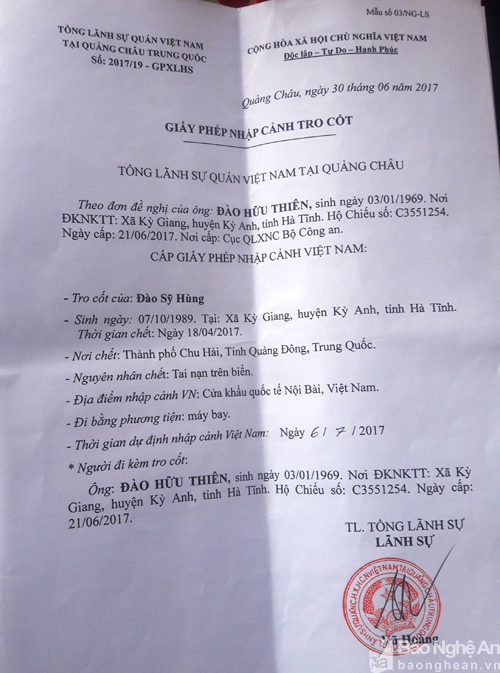 Giấy phép nhập cảnh tro cốt đối với lao động Đào Sỹ Hùng. Nguyên nhân chết được xác nhận do tai nạn trên biển. (Ảnh: baonghean.vn)