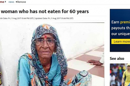 Cụ bà Ấn Độ chỉ sống dựa vào uống nước trong suốt 60 năm