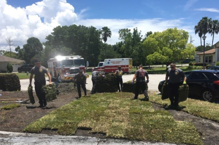 Đội cứu hỏa đưa bệnh nhân đi viện rồi quay về giúp trồng cỏ