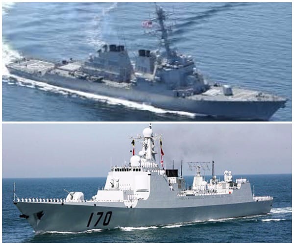 Tàu khu trục Mỹ USS Decatur (ảnh trên), bị chiếc tàu đã bị Tàu Lan Châu 170 Trung Quốc (ảnh dưới) áp sát hôm 30/9.