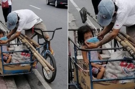 Xúc động cảnh người cha nhường khẩu trang cho con gái