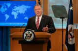 Ngoại trưởng Mỹ Mike Pompeo chính thức tuyên bố Mỹ nhận định Hồng Kông "không còn tự trị ở mức độ cao". Ảnh Ngoại trưởng Pompeo trong cuộc họp báo của Bộ ngoại giao Mỹ hôm 29/4/2020. (Ảnh từ Flickr Bộ Ngoại giao Mỹ).