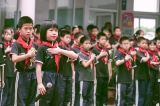 pupils school children red scarf queue