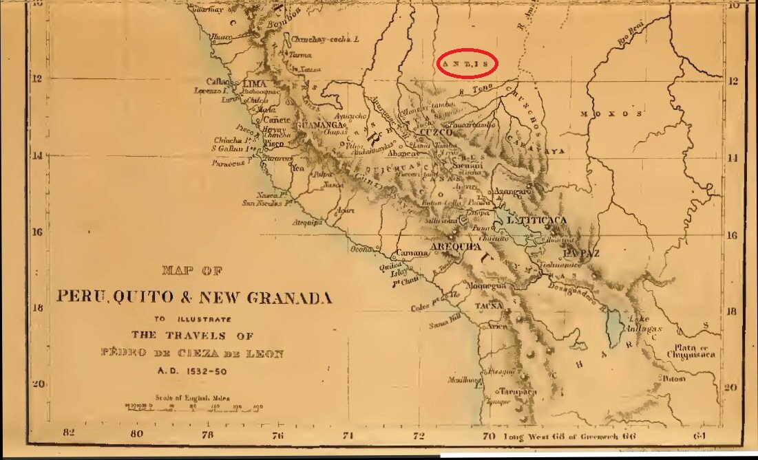 Bản đồ chỉ vị trí của “Antis” ở Peru tại thời điểm người Tây Ban Nha đến chiếm đóng Nam Mỹ (ảnh: atlantisbolivia.org) 