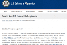 Đại sứ quán Mỹ tại Kabul lại thúc giục công dân Mỹ rời Afghanistan ngay lập tức