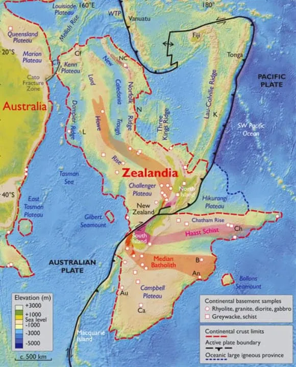 Bản đồ độ cao của Australia và vùng Zealandia (ảnh: . N. Mortimer et al./GSA Today)