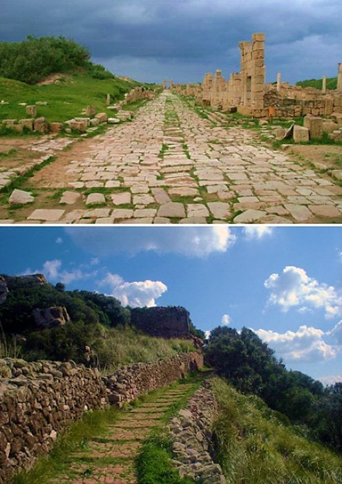 2 loại đường La Mã cổ đại: ảnh trên là ở Leptis Magna, Libya (ảnh: CC BY-SA 3.0) ảnh dưới là ở Santa Àgueda, Tây Ban Nha (ảnh: Public Domain)