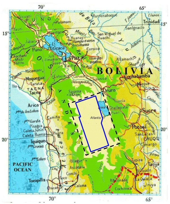 Nét đứt thể hiện bình nguyên Altiplano ở Bolivia, có diện tích 3000x2000 stade (ảnh: atlantisbolivia.org)