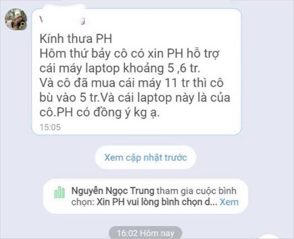 co giao xin ho tro mua laptop bi tam dinh chi dung lop 15 ngay 0