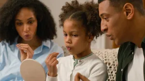 father teach kid speaking