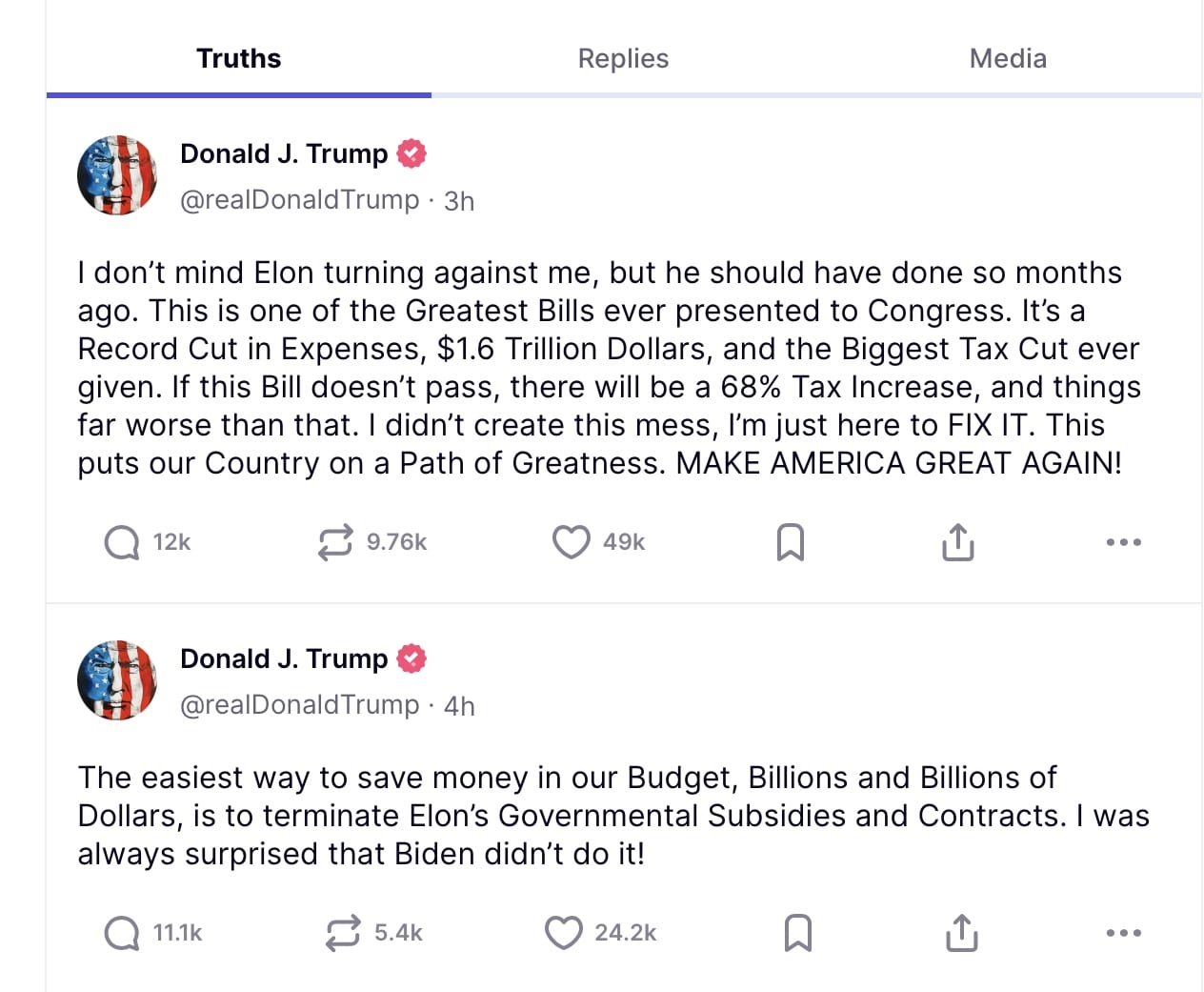 Trump viet ve Musk tren Truth Social