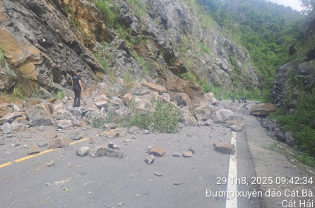 Lở đá trên đường xuyên đảo Cát Bà