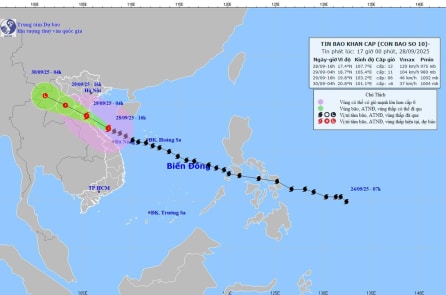 Bão số 10 đi chậm lại, càng nguy hiểm hơn, dự kiến đổ bộ lúc 1h ngày 29/9