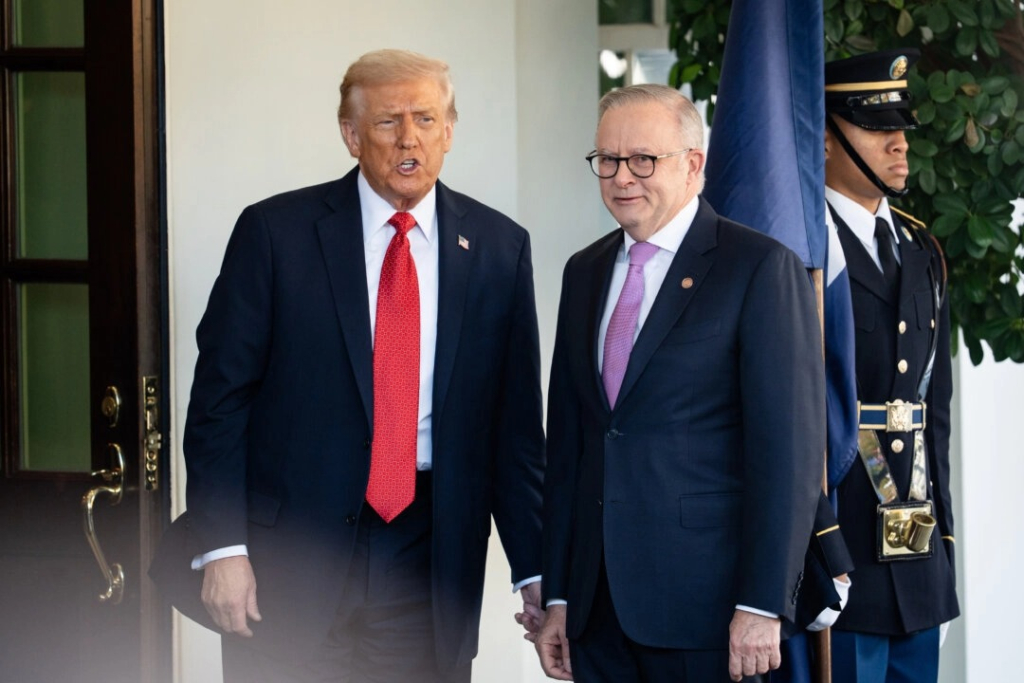 President Donald Trump greets Australian Prime Minister Anthony Albanese